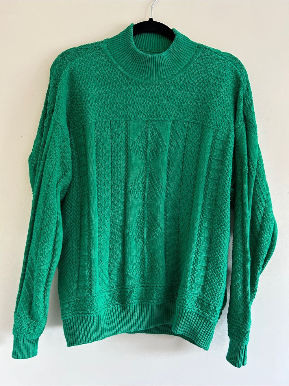 Vintage Cotton Green Textured Cable Knit Turtleneck Sweater, size L